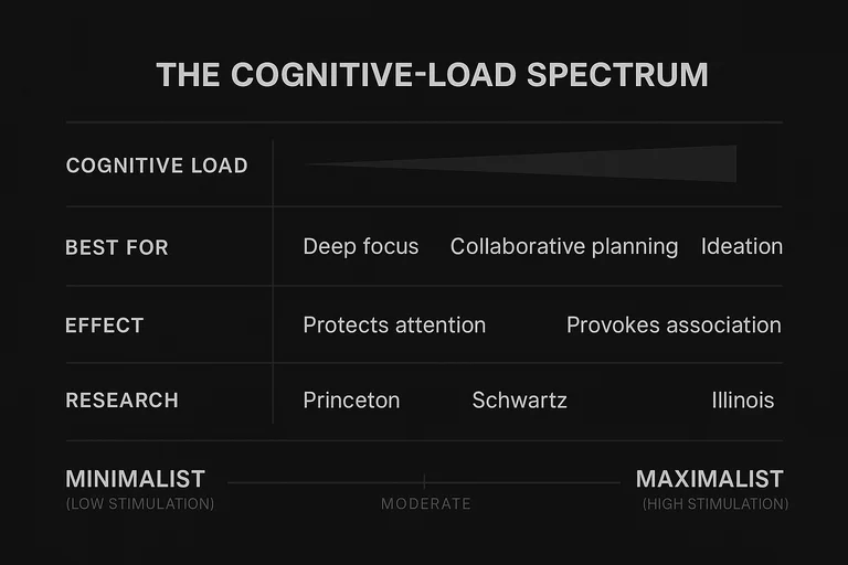 Cognitive-load spectrum diagram: minimalist environments (low stimulation) suit deep focus, maximalist environments (high stimulation) suit ideation, and a moderate midpoint suits collaborative planning, with research anchors from Princeton, Schwartz, and the University of Illinois.