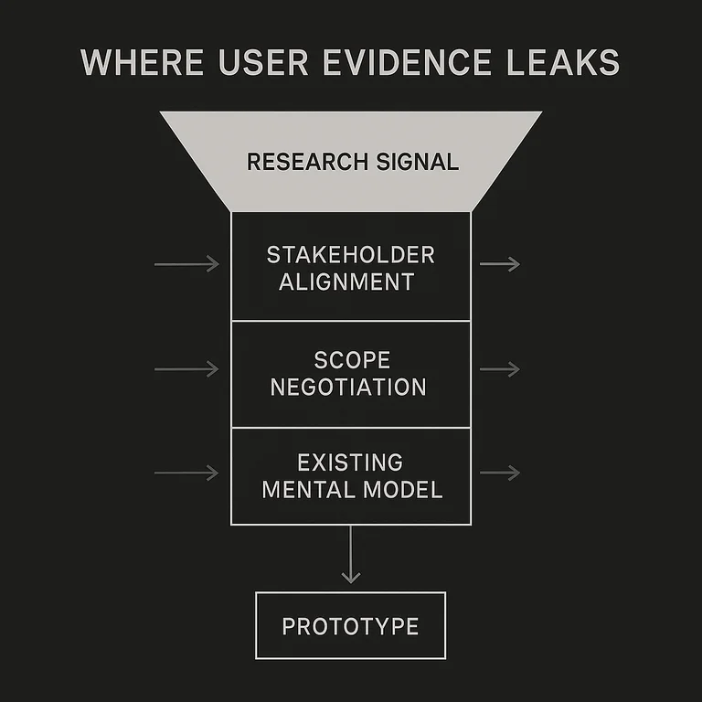 Funnel diagram showing a user research signal narrowing as it passes through three organizational layers — stakeholder alignment, scope negotiation, and the team's existing mental model — with evidence leaking out at each layer so only a fraction reaches the prototype.