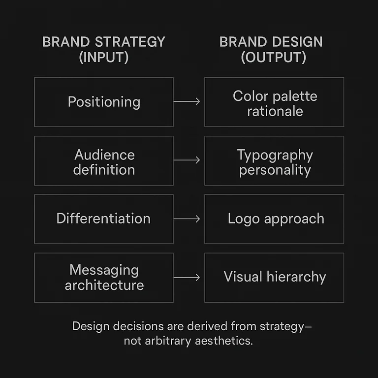 Two-column mapping showing how brand strategy inputs determine brand design outputs: positioning sets color palette rationale, audience definition sets typography personality, differentiation sets logo approach, and messaging architecture sets visual hierarchy.