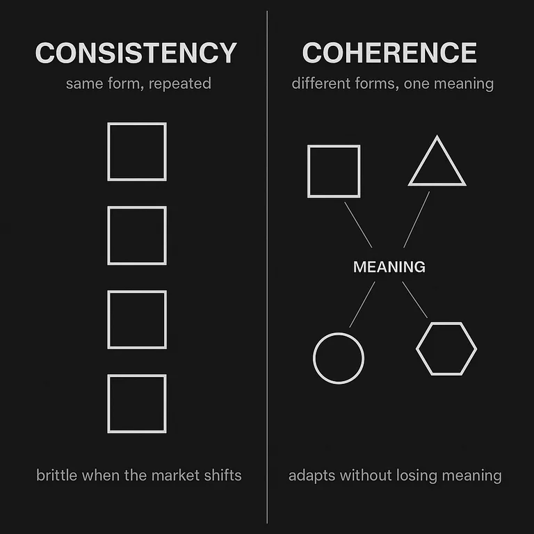 Two-panel diagram contrasting consistency and coherence: on the left, four identical repeated shapes representing one fixed form; on the right, four different shapes all connected to a single central node labeled meaning, showing how varied signals can point to the same brand meaning.