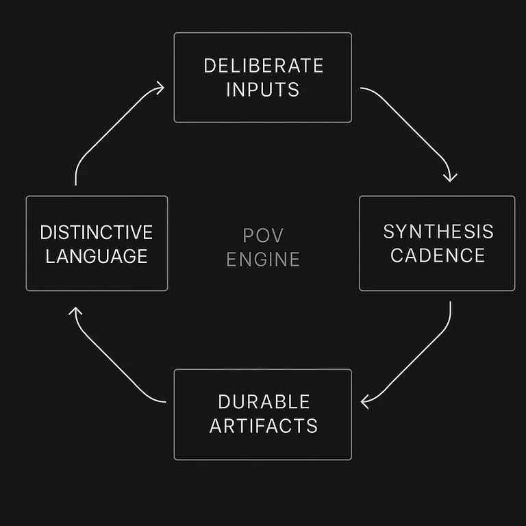 Cyclical system diagram of the POV Engine: deliberate inputs feed a weekly synthesis cadence, which produces durable one-page artifacts, which are compressed into distinctive language that loops back to sharpen the next round of inputs.