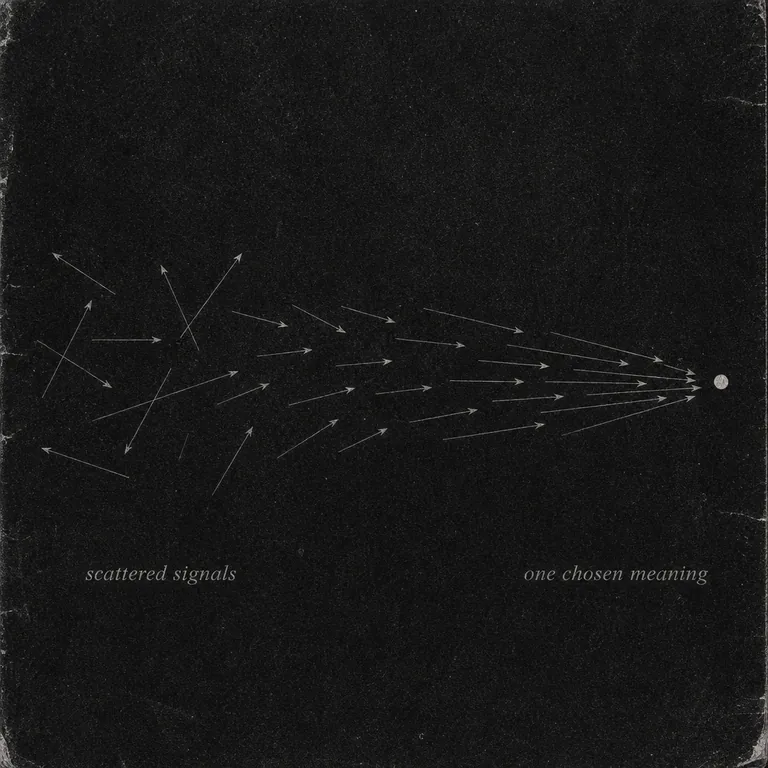 Scattered brand signals on the left progressively rotate and align, converging toward a single chosen point of meaning on the right — the move from unfocused signals to one coherent meaning.