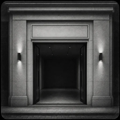 A refined monochrome storefront entrance with a blank, textless nameplate above the door; its open glass doors reveal an empty interior room - a polished entrance standing in front of a missing offer.