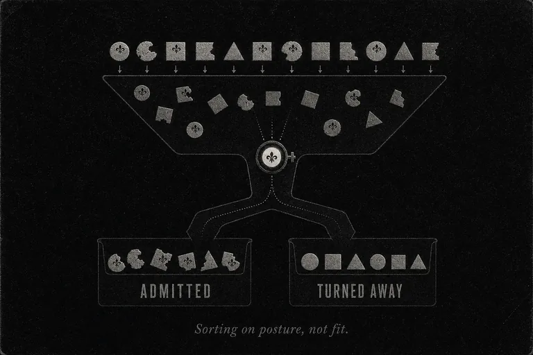 A sorting funnel inspects each incoming token's surface flourish rather than its underlying shape, then drops tokens into two bins. The bin labeled ADMITTED holds broken, ill-formed shapes that happen to carry the flourish; the bin labeled TURNED AWAY holds clean, well-formed shapes that lack it. Caption: Sorting on posture, not fit.