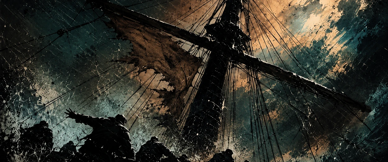 A tall ship's mast and rigging strain against a violent storm as crew brace themselves on the heaving deck below.