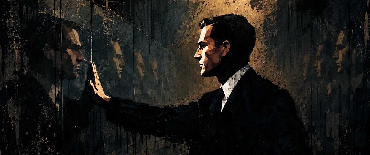 A man in a suit reaches out to touch a mirrored wall, his profile repeated in reflections that recede into the dark.