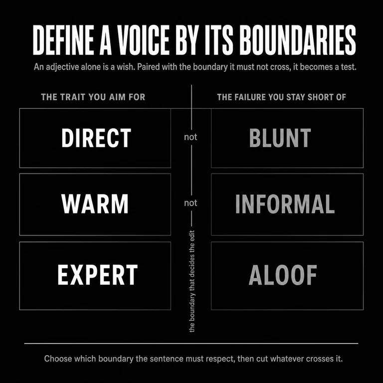 Diagram of the boundary method for brand voice: three voice traits — direct, warm, and expert — each paired with the failure mode it excludes (blunt, informal, aloof), separated by a vertical boundary line that turns each trait into a usable test.