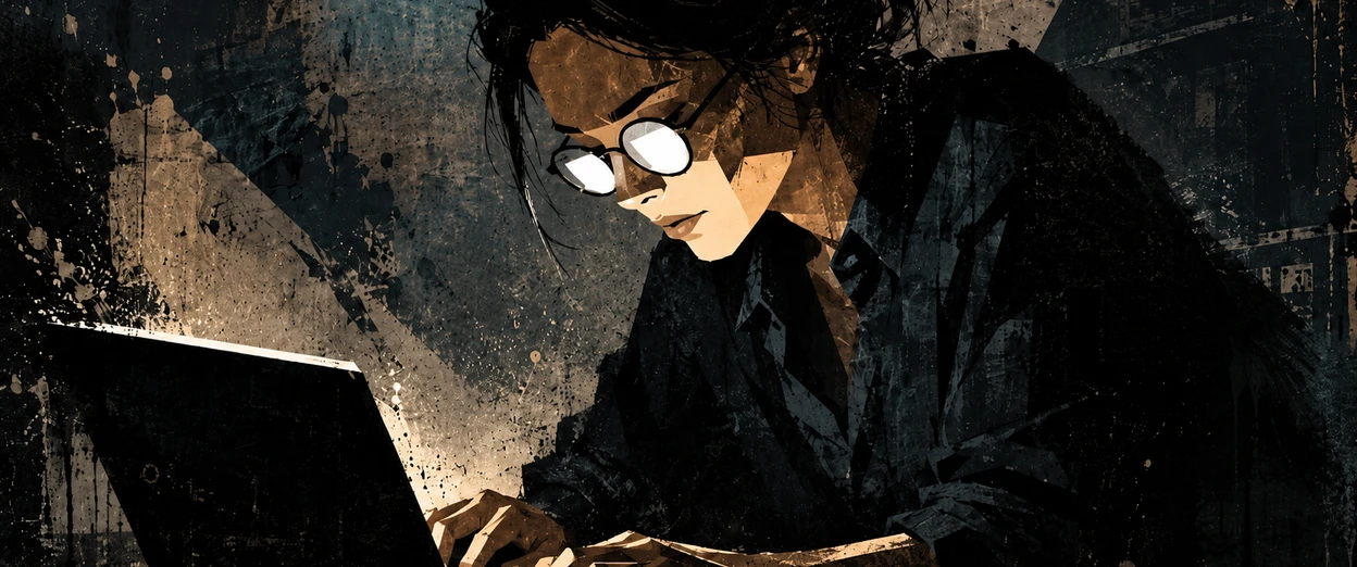 A woman in round glasses leans forward over a laptop in a dark room, her face lit from below by the screen's glow, fingers resting on the keyboard.