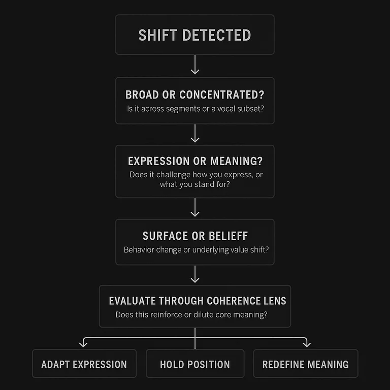 Flowchart showing the coherent adaptation diagnostic process: starting with a detected preference shift, moving through three diagnostic questions (broad or concentrated, expression or meaning, surface or belief), evaluating through a coherence lens, and arriving at three possible decisions — adapt expression, hold position, or redefine meaning.