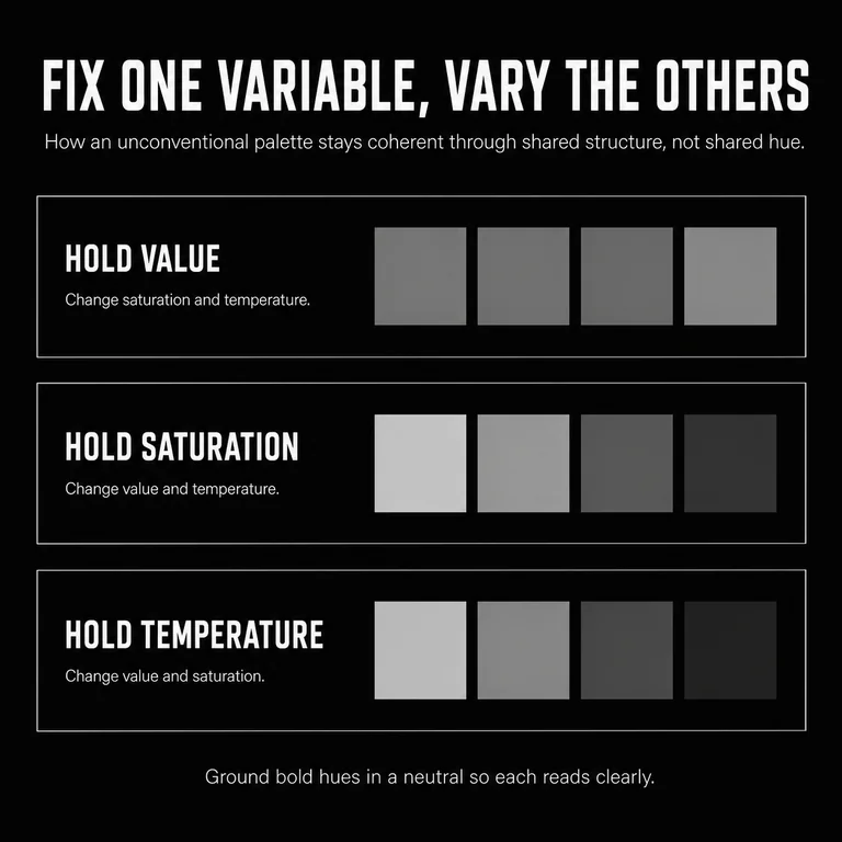 Monochrome diagram of the palette-coherence method: hold one variable (value, saturation, or temperature) constant while varying the others, so an unconventional palette still reads as one system.