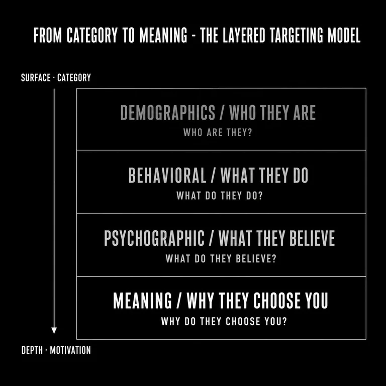 Stacked diagram of four audience-targeting layers — demographics, behavioral, psychographic, and meaning — deepening from surface category to motivation, with meaning as the foundation.