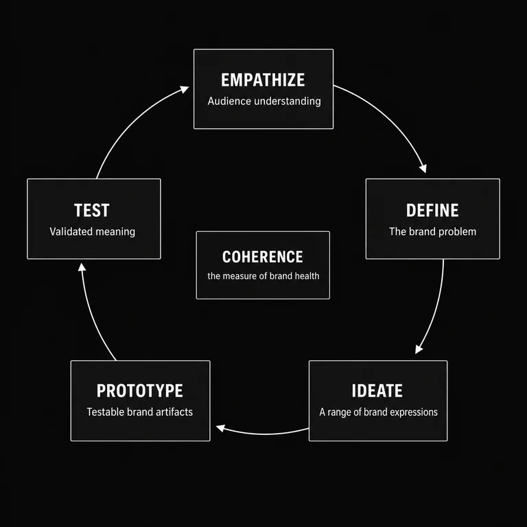 Circular diagram of the five Design Thinking stages applied to brand strategy: Empathize produces audience understanding, Define names the brand problem, Ideate generates brand expressions, Prototype builds testable artifacts, and Test validates meaning — looping back to Empathize, with brand coherence at the center.