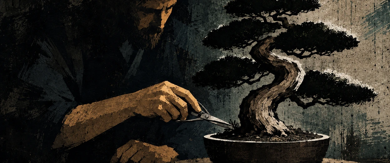 A man uses fine shears to prune a small pine bonsai tree growing in a shallow pot on a table.