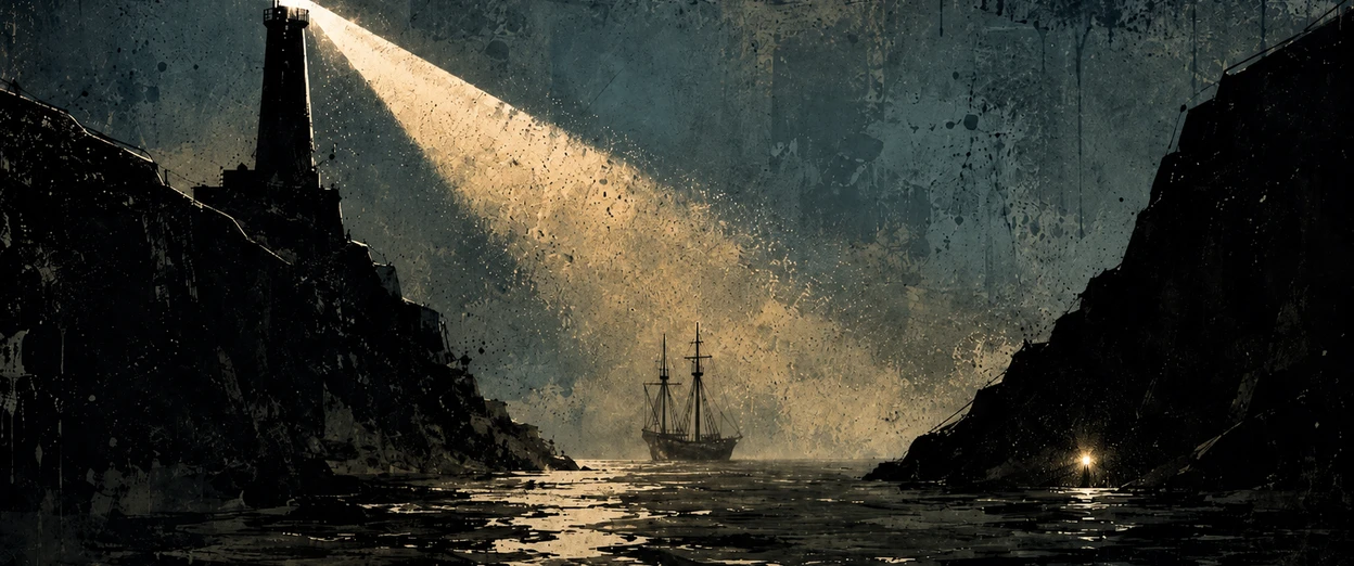A lighthouse on a cliff casts a beam over a sailing ship on dark water at night, with a small light glowing low among the rocks on the opposite shore.