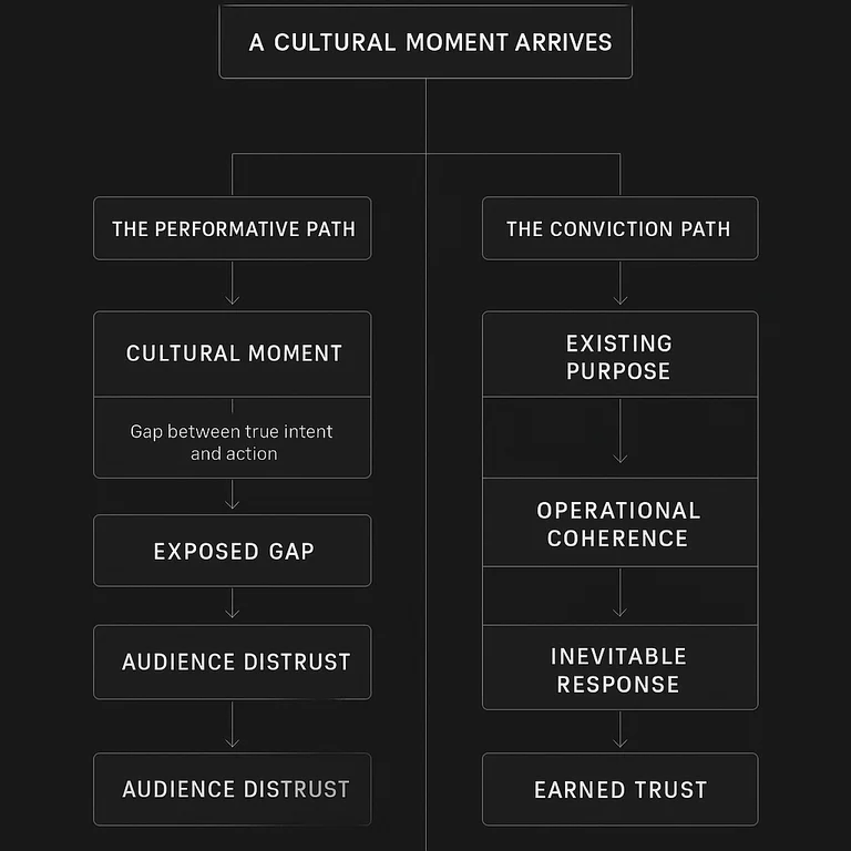 Dual-path diagram comparing the performative branding path — where a cultural moment leads to borrowed emotion, an exposed gap, and audience distrust — against the conviction path, where existing purpose and operational coherence produce an inevitable response that earns trust.