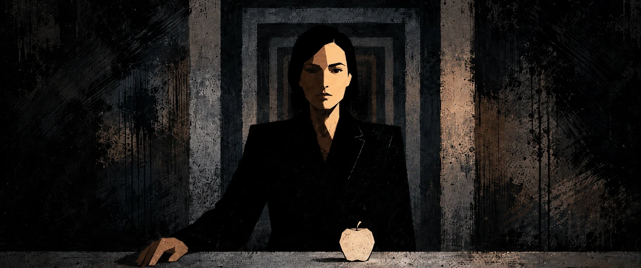 A woman in a dark blazer stands behind a counter with a single apple, framed by a corridor of identical receding doorways disappearing into shadow.