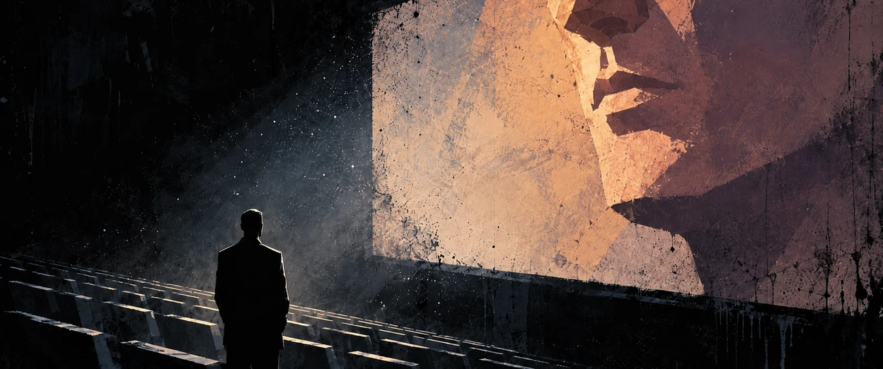 A silhouetted figure stands alone in an empty theater, looking up at a massive screen displaying a close-up of another person's face.