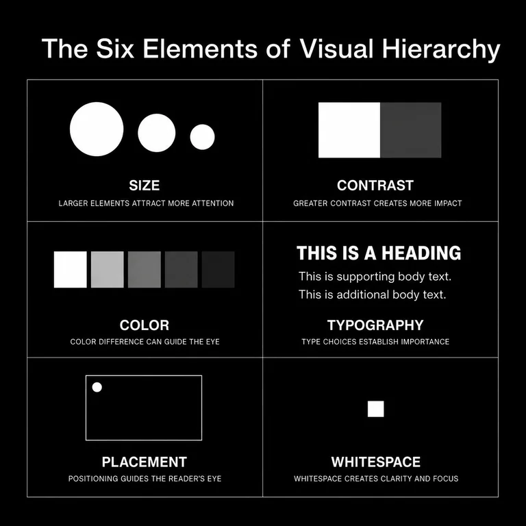 Diagram mapping the six elements of visual hierarchy — size, contrast, color, typography, placement, and whitespace — each shown with a minimal monochrome example of the attention dimension it controls.