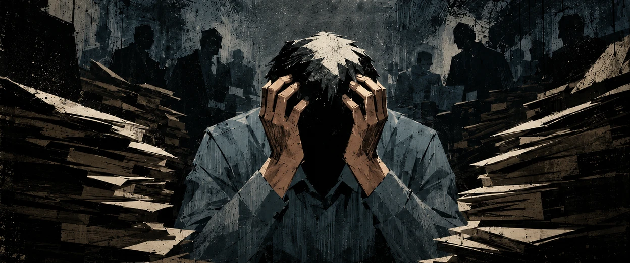 A man slumped at a desk with his head in his hands, surrounded by towering stacks of papers in a crowded office.