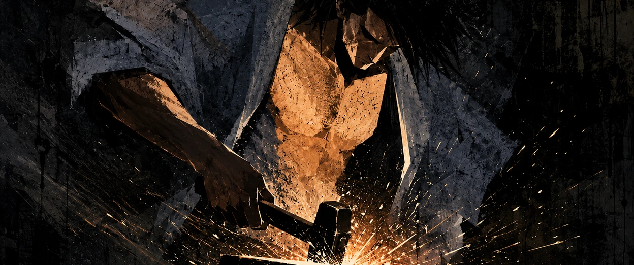 A blacksmith strikes heated metal on an anvil, sparks erupting from the point of impact in the darkness of a forge.