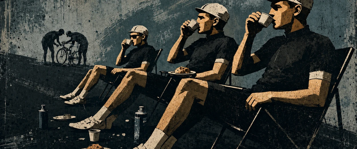 Three cyclists in caps and kit sit in low folding chairs drinking from cups, with two people working on a bicycle in the background.