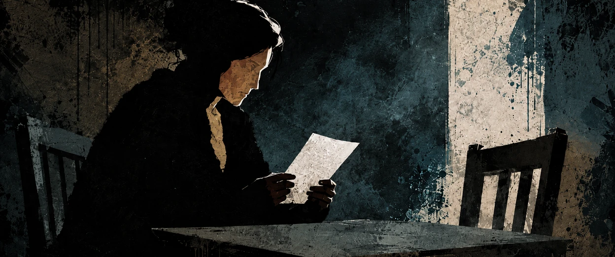 A silhouetted woman sits alone at a table reading a handwritten letter, backlit by a pale column of light, with an empty chair across from her.