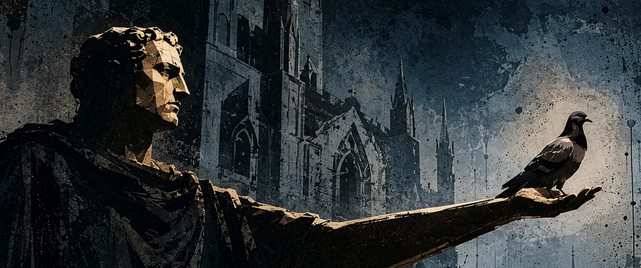 a robed statue of a standing man in classical drapery, three-quarter profile facing left, one arm extended fully outward with the palm turned up, a single pigeon perched on the open hand; a weathered gothic cathedral facade and a fog-dissolved street with a distant spire stand behind him