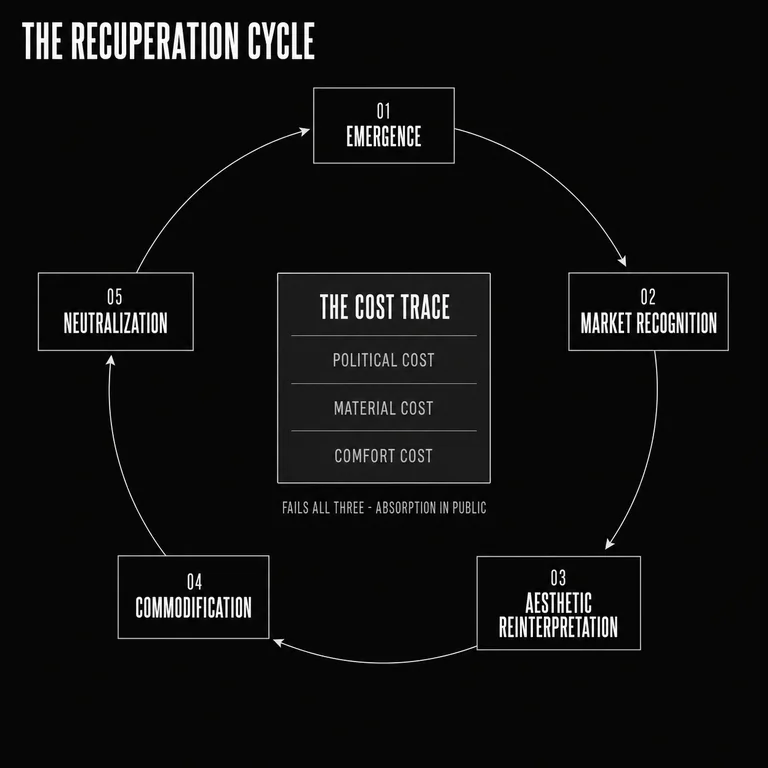 Five-stage cycle showing how capitalism absorbs a movement: emergence, market recognition, aesthetic reinterpretation, commodification, and neutralization, returning to emergence. At the center, the Cost Trace — the political, material, and comfort cost tests used to identify absorption in progress.