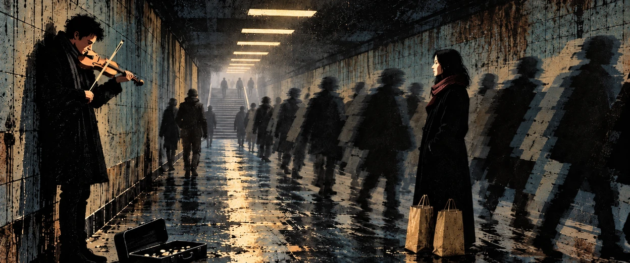 A violinist plays against the tiled wall of a pedestrian underpass while a woman with shopping bags stands still watching him and a crowd of commuters streams past.