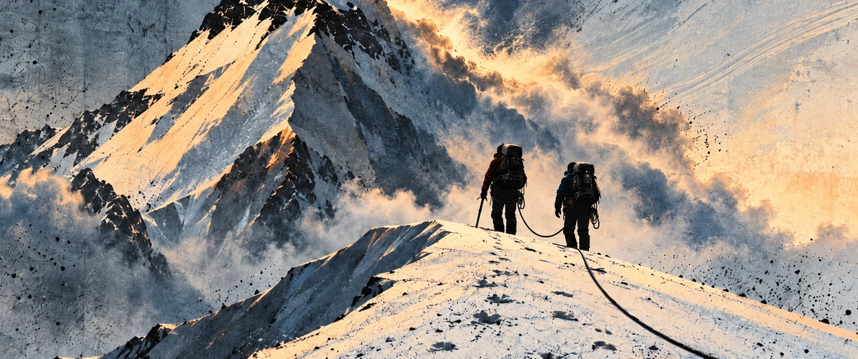 Two climbers roped together stand on a snow ridge below a large mountain peak, with the rope trailing down the slope behind them.