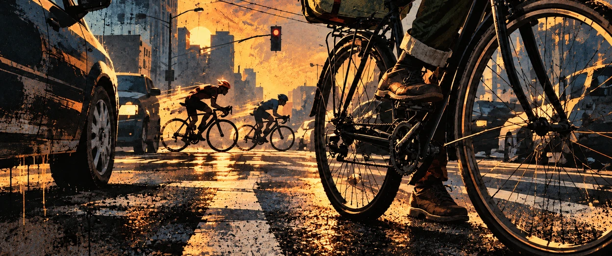 A commuter waits at a red light among idling cars, one foot on wet pavement and a work bag strapped over the rear wheel. Two road cyclists sweep through the cross street with the green, bodies low over their handlebars. The commuter turns to watch them for a moment but does not follow; the bicycle beneath them has a different job to do. When the signal changes, the commuter will continue toward work, not a finish line.