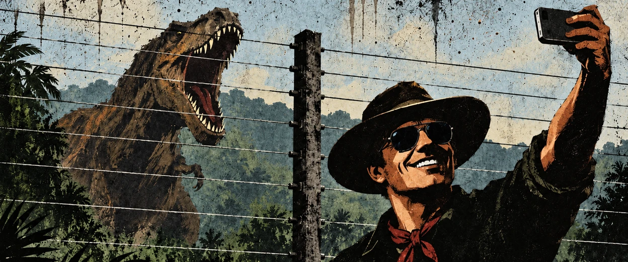 A smiling man in a wide-brimmed hat and sunglasses takes a selfie while a large dinosaur roars behind a wire fence.