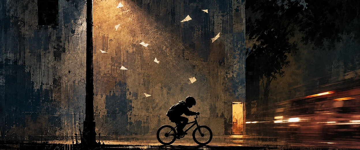 A boy rides a bicycle down a dark street beneath a streetlamp, small paper shapes rising through the light beside him as traffic passes in a blur.