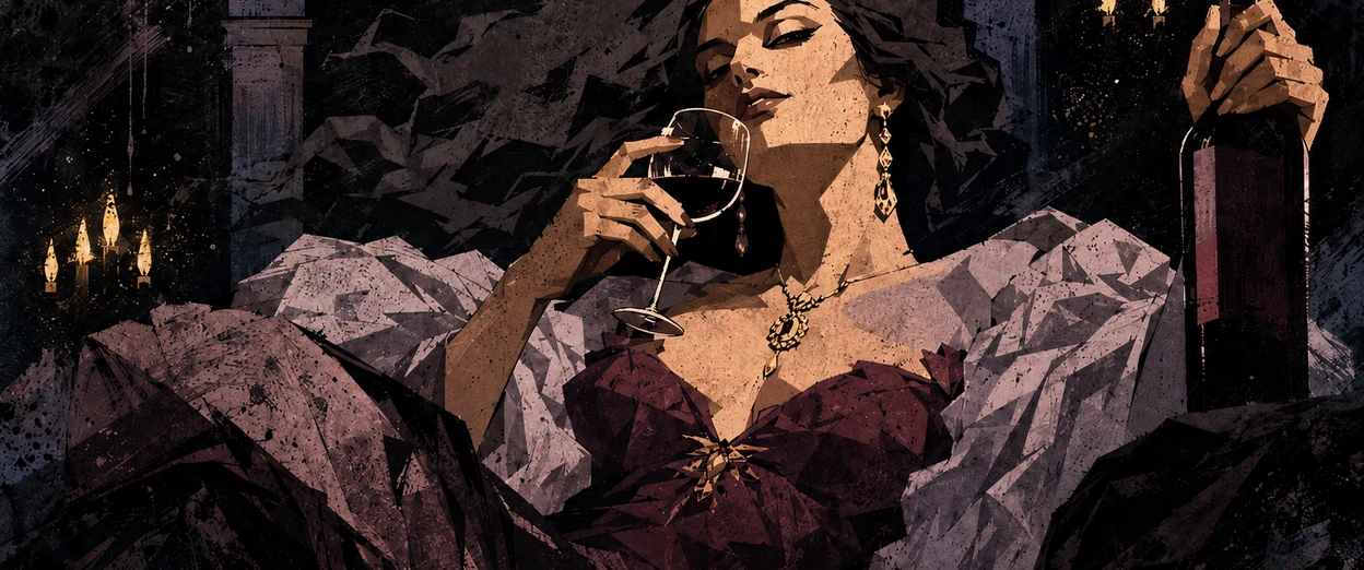 A woman in a dark red gown reclines with a glass of red wine in one hand and a bottle in the other, candles glowing in a dim stone hall behind her.