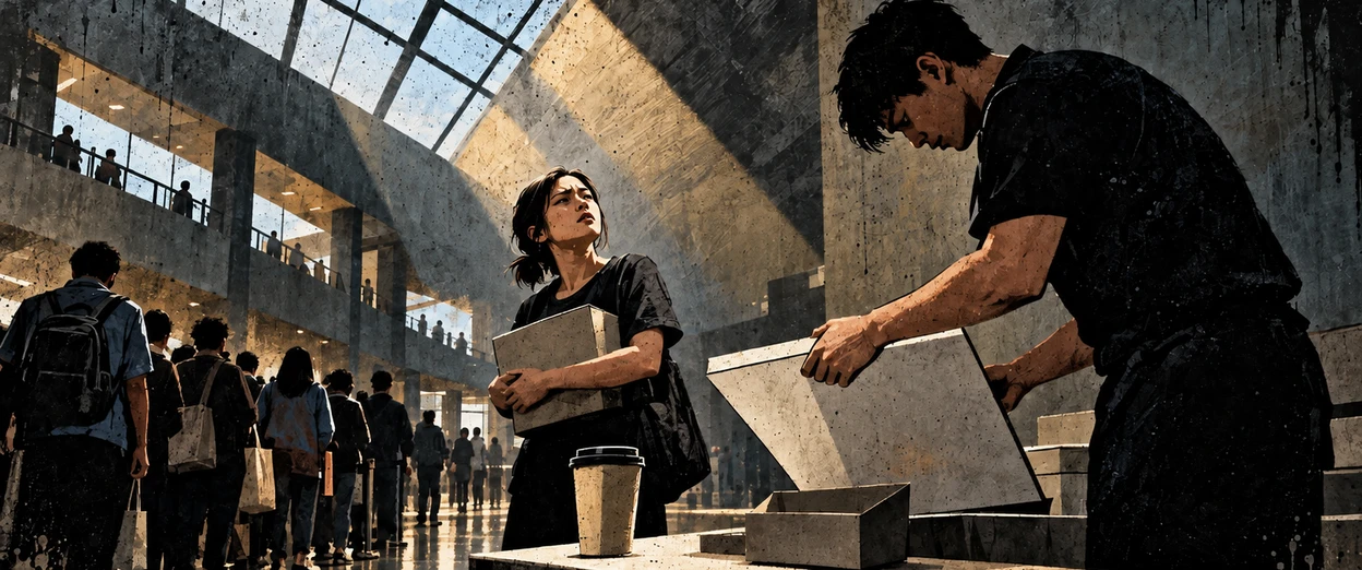 A worker bends over a folding table to turn a large sign panel over while a woman holding a box stops and looks up at him, a line of people waiting behind her.