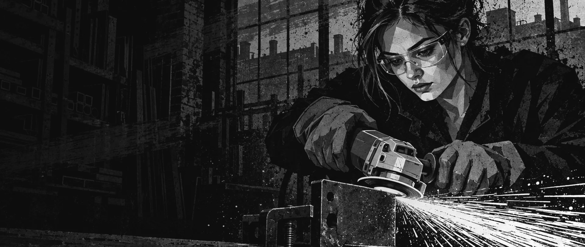 A fabricator in safety glasses working an angle grinder in a brick workshop in Anderson, Indiana, sparks streaming across the bench