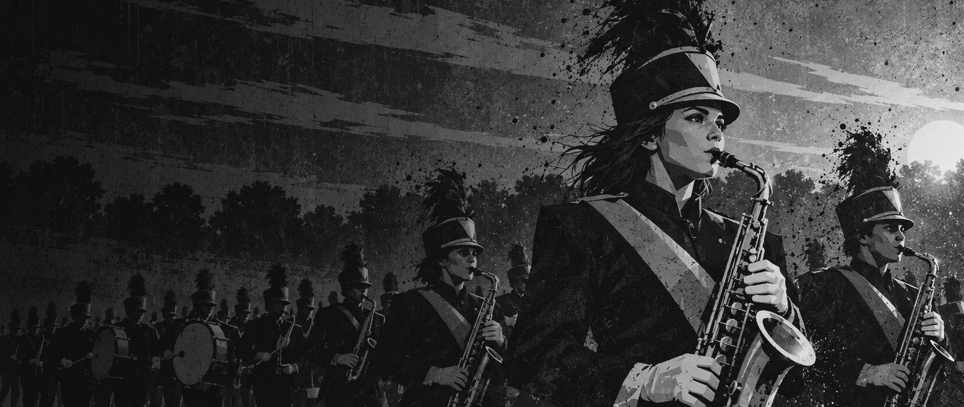 A saxophone player marching at the front of a band in Avon, Indiana, autumn trees and a low sun behind them
