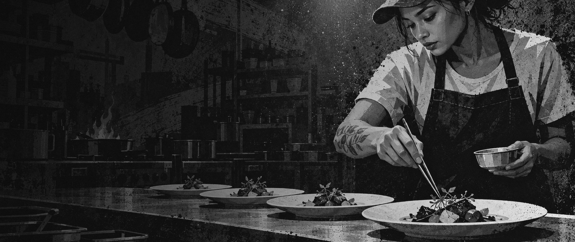 A chef's tattooed hands placing a garnish with tweezers on a row of plates at a restaurant pass in Fishers, Indiana