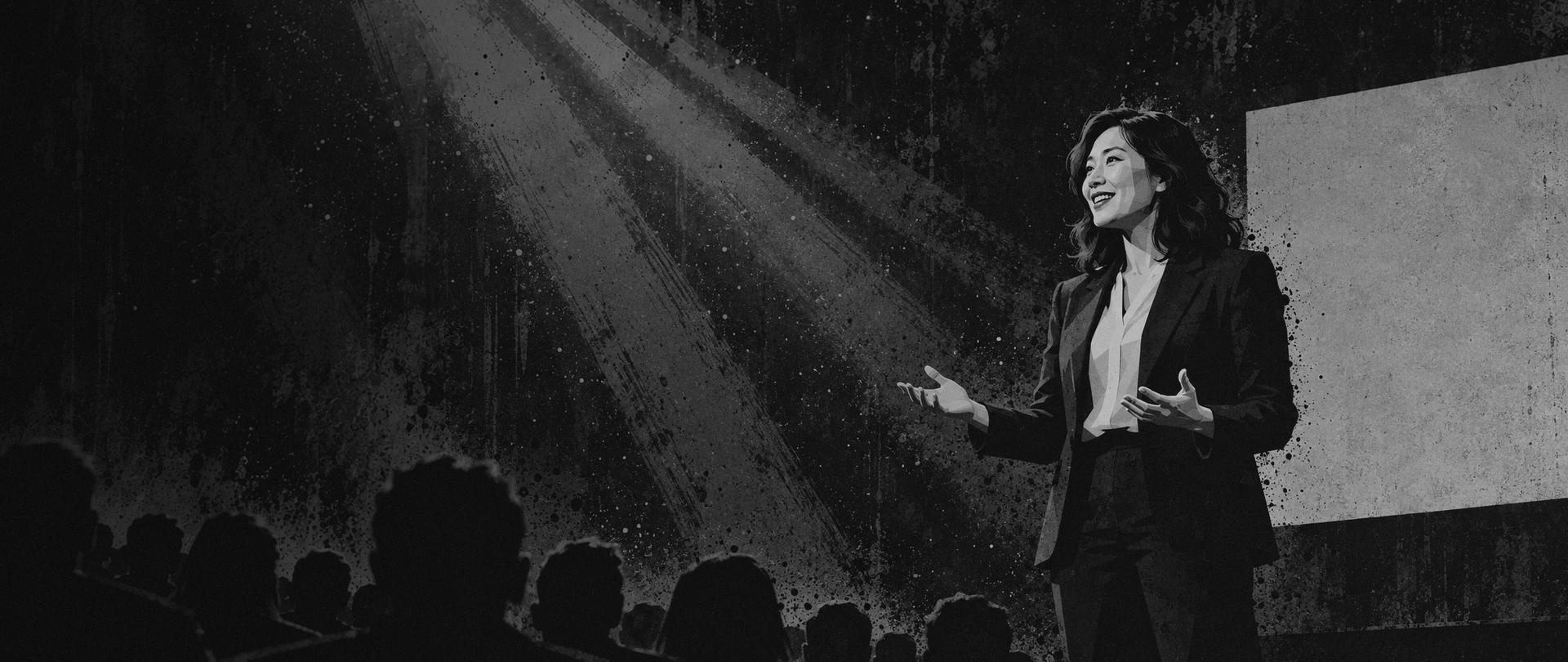 A speaker gesturing on a conference stage in Indianapolis, Indiana, under a spotlight, the audience in silhouette in front of her