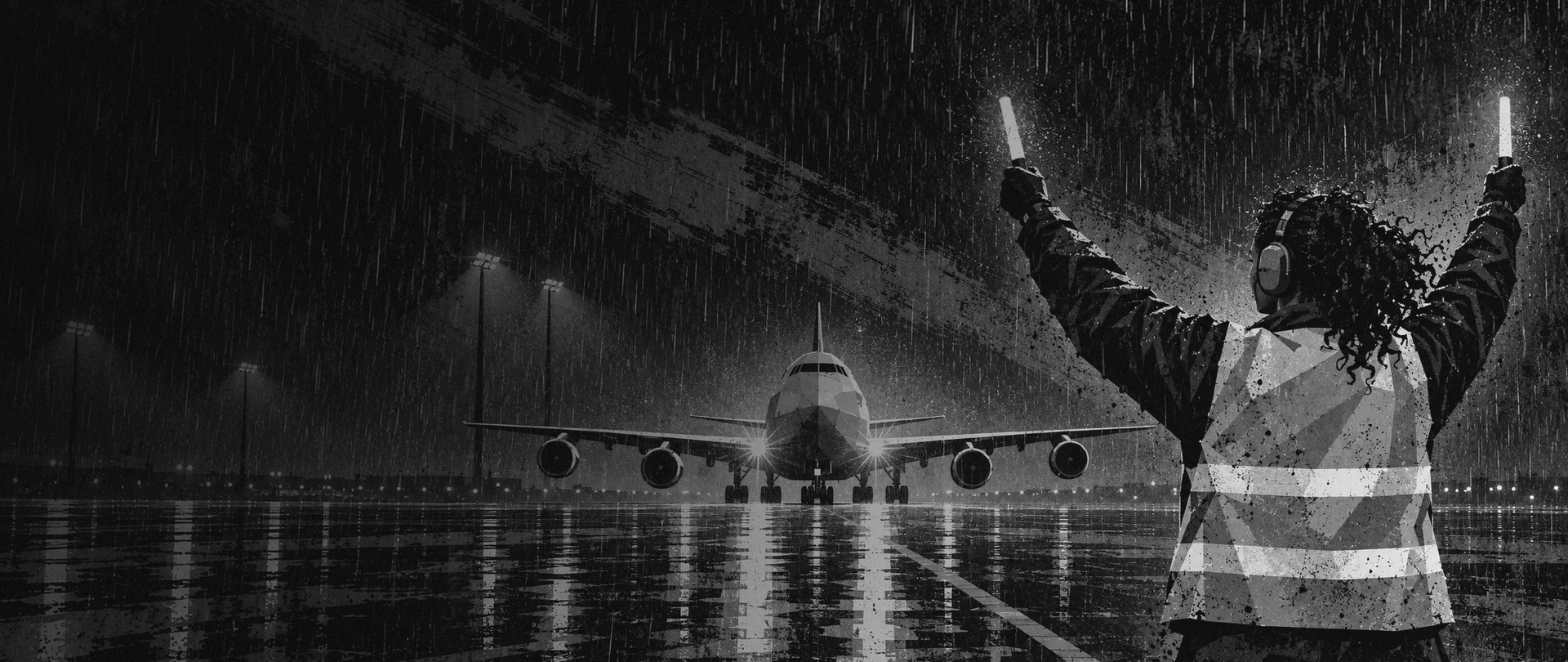 A ground crew marshaller raising lighted wands to guide a cargo jet across a rain-soaked apron in Plainfield, Indiana, at night