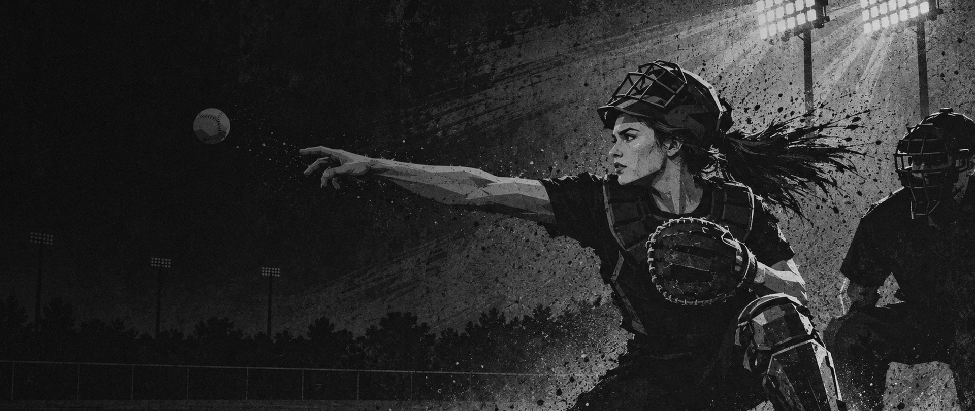 A softball catcher throwing from her knees under stadium lights at dusk in Westfield, Indiana, the umpire behind her