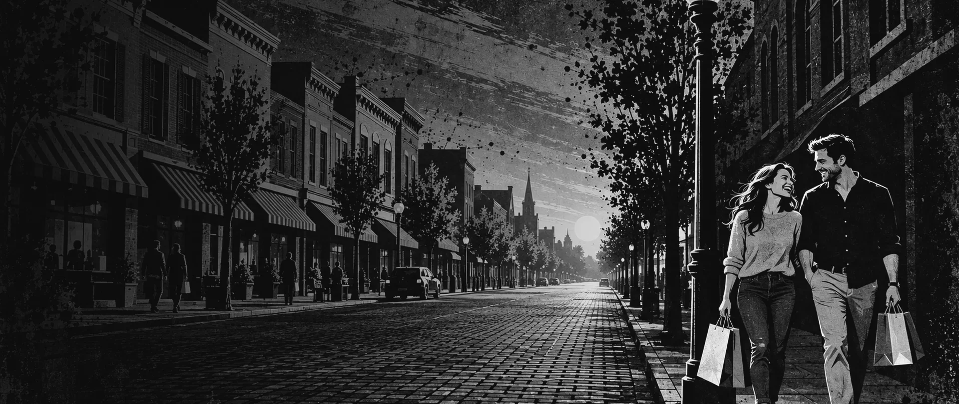 A couple with shopping bags walking along a brick main street in Zionsville, Indiana, lined with shops and street trees at dusk